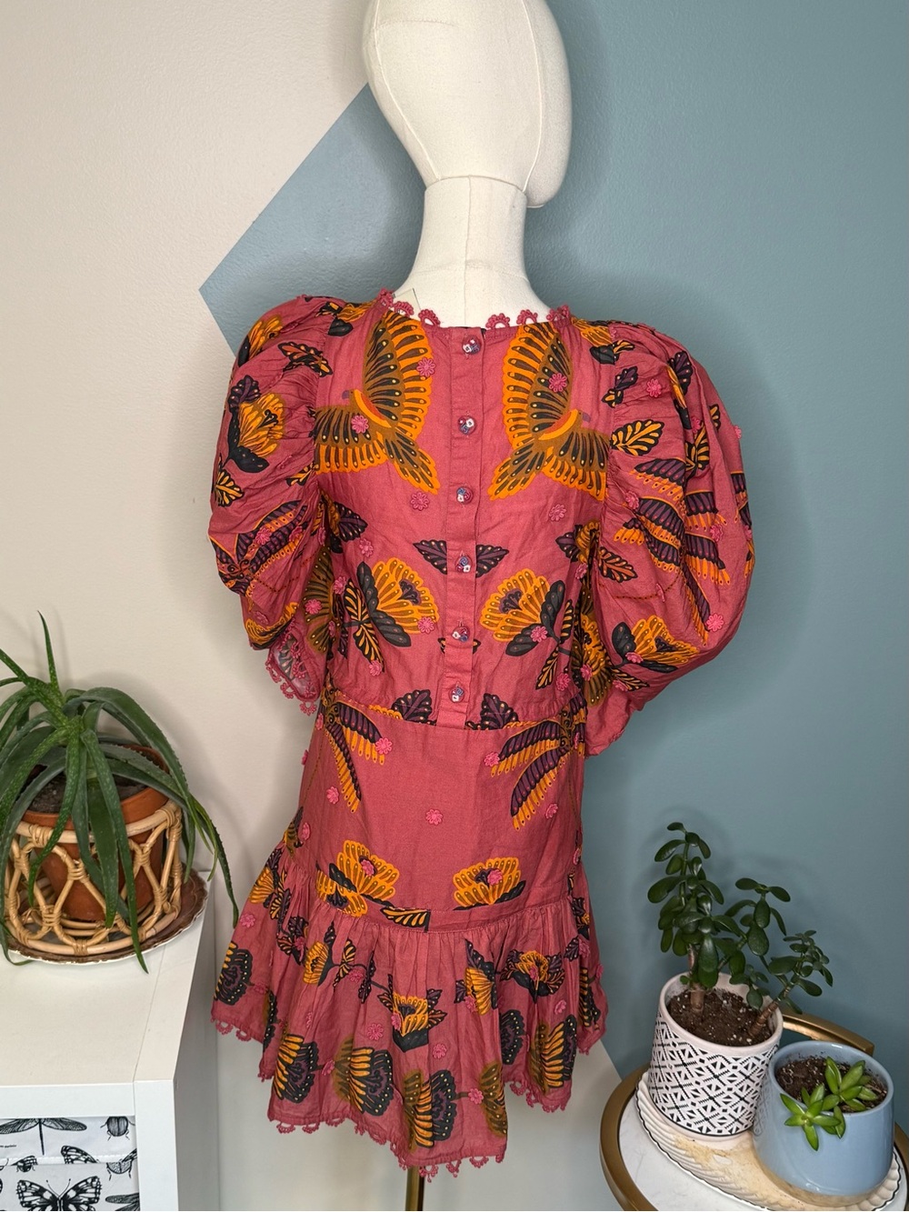 FARM Rio Pink Floral Applique Puff Sleeve Cotton Mini Dress XXS Cottagecore Boho - Picture 4 of 14